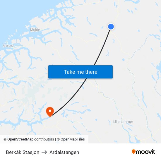 Berkåk Stasjon to Ardalstangen map