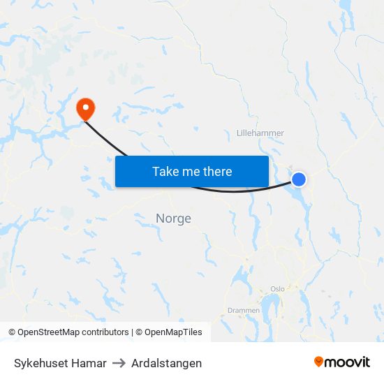 Sykehuset Hamar to Ardalstangen map