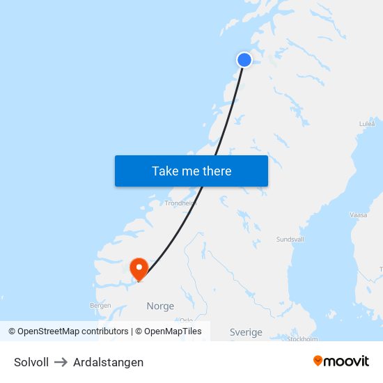 Solvoll to Ardalstangen map