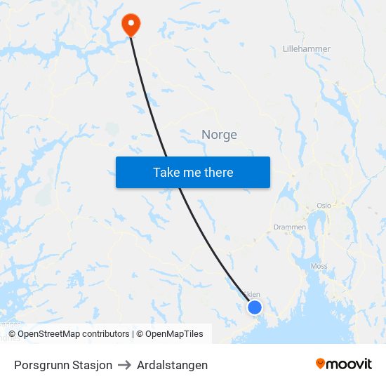 Porsgrunn Stasjon to Ardalstangen map