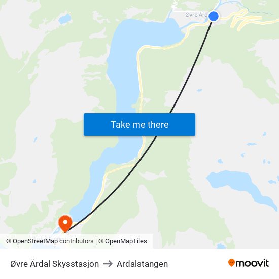 Øvre Årdal Skysstasjon to Ardalstangen map