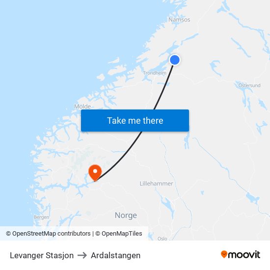 Levanger Stasjon to Ardalstangen map
