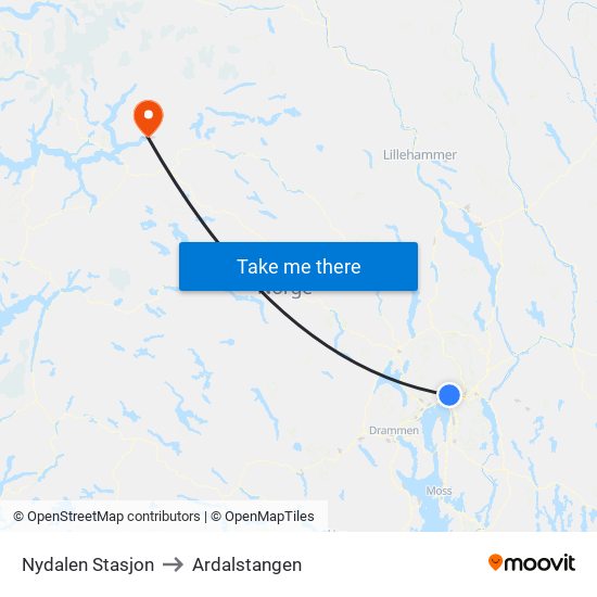 Nydalen Stasjon to Ardalstangen map