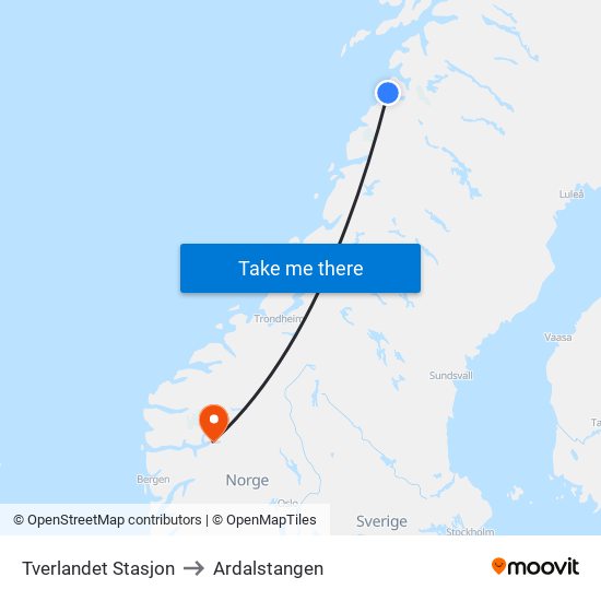 Tverlandet Stasjon to Ardalstangen map