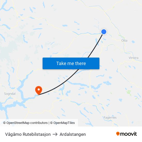 Vågåmo Rutebilstasjon to Ardalstangen map