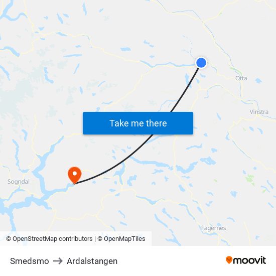 Smedsmo to Ardalstangen map