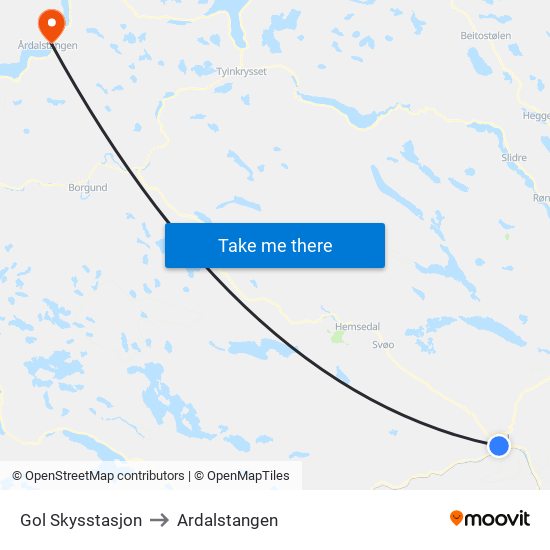 Gol Skysstasjon to Ardalstangen map