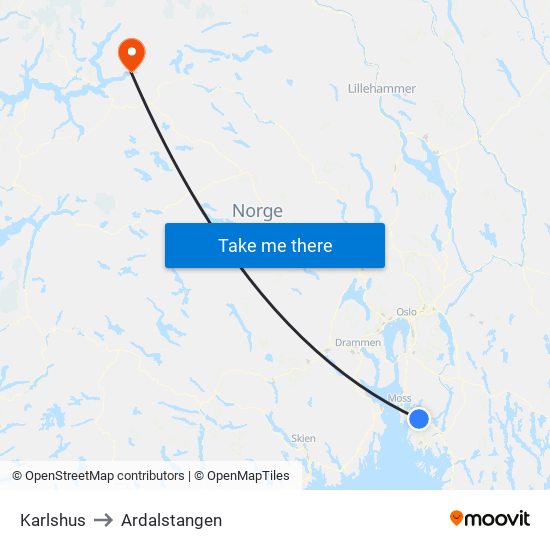 Karlshus to Ardalstangen map
