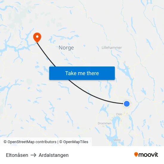 Eltonåsen to Ardalstangen map