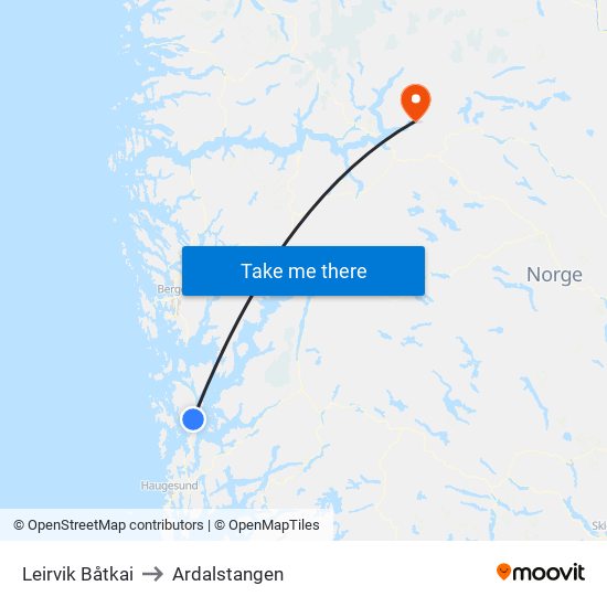 Leirvik Båtkai to Ardalstangen map