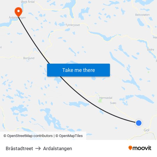 Bråstadtreet to Ardalstangen map