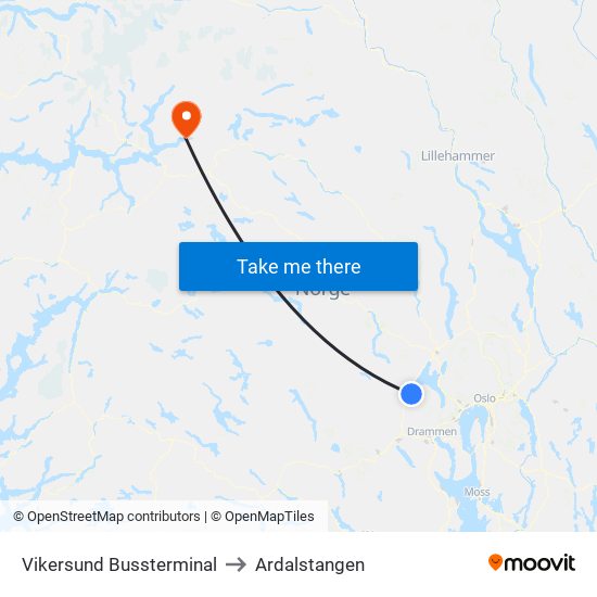 Vikersund Bussterminal to Ardalstangen map