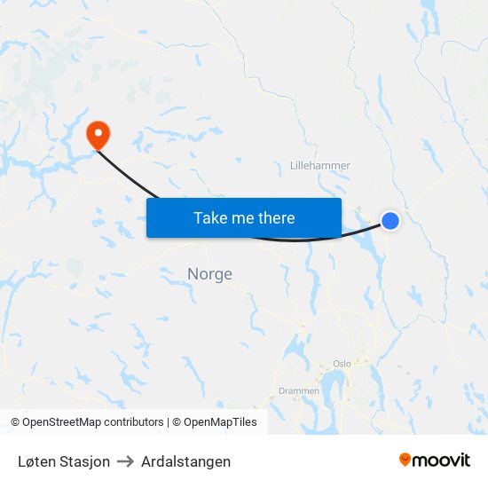 Løten Stasjon to Ardalstangen map