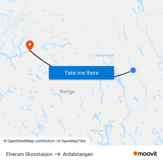 Elverum Skysstasjon to Ardalstangen map