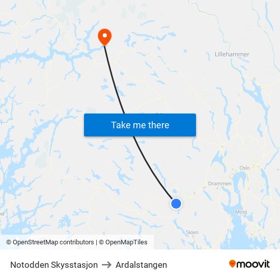 Notodden Skysstasjon to Ardalstangen map