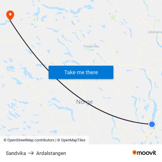 Sandvika to Ardalstangen map