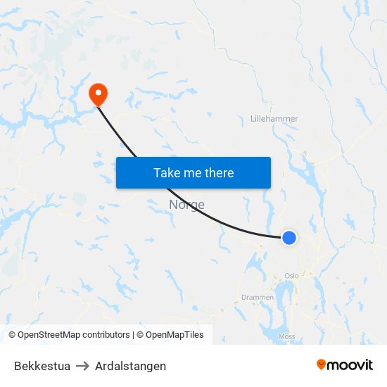 Bekkestua to Ardalstangen map