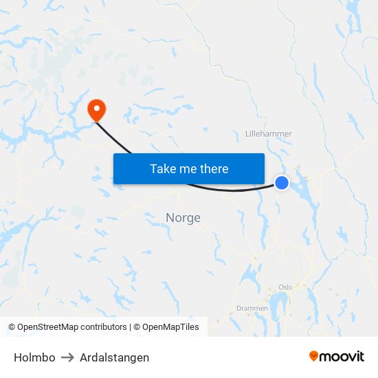 Holmbo to Ardalstangen map