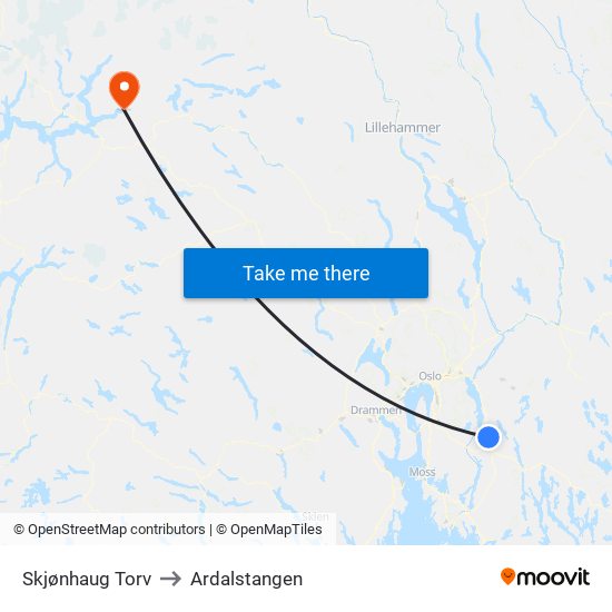 Skjønhaug Torv to Ardalstangen map