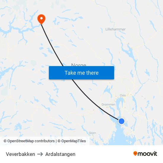 Veverbakken to Ardalstangen map