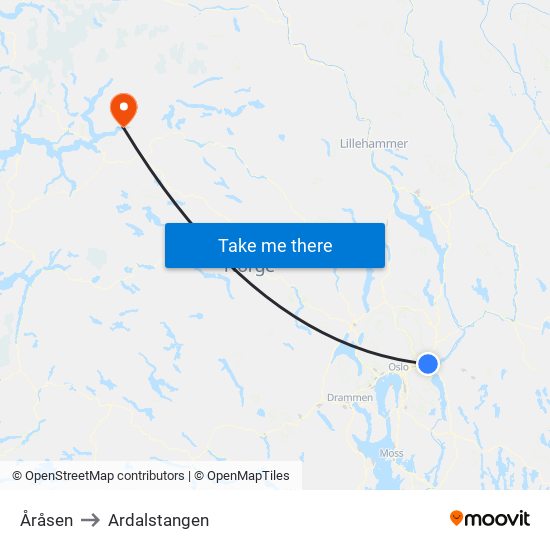 Åråsen to Ardalstangen map