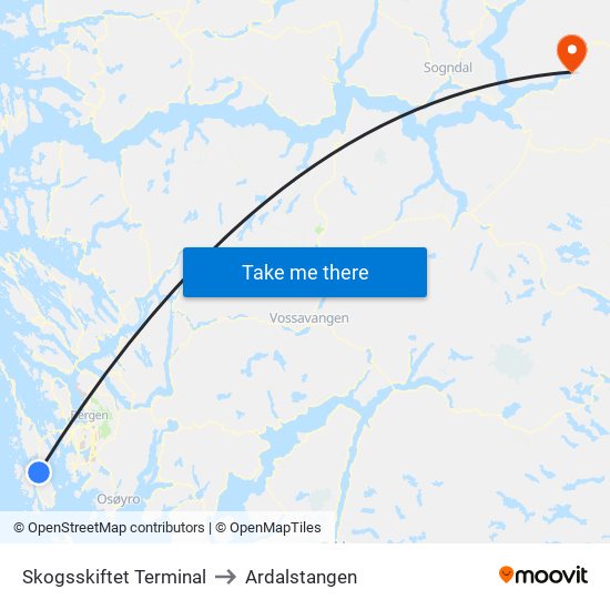 Skogsskiftet Terminal to Ardalstangen map