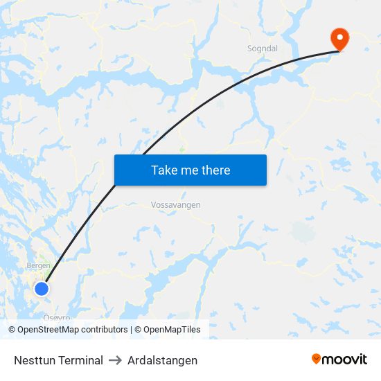 Nesttun Terminal to Ardalstangen map