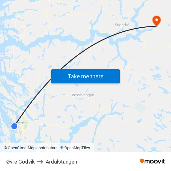 Øvre Godvik to Ardalstangen map