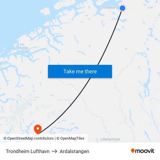 Trondheim Lufthavn to Ardalstangen map