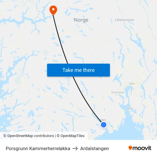 Porsgrunn Kammerherreløkka to Ardalstangen map