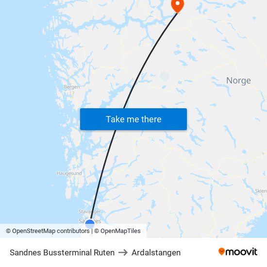 Sandnes Bussterminal Ruten to Ardalstangen map