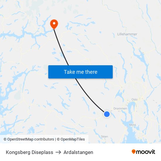 Kongsberg Diseplass to Ardalstangen map