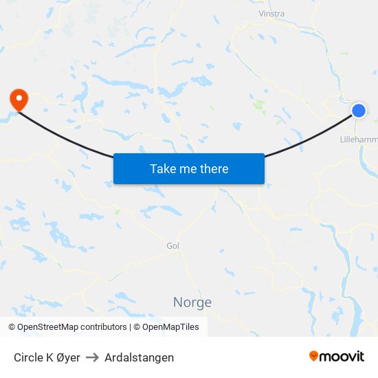 Circle K Øyer to Ardalstangen map