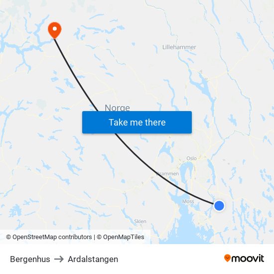 Bergenhus to Ardalstangen map