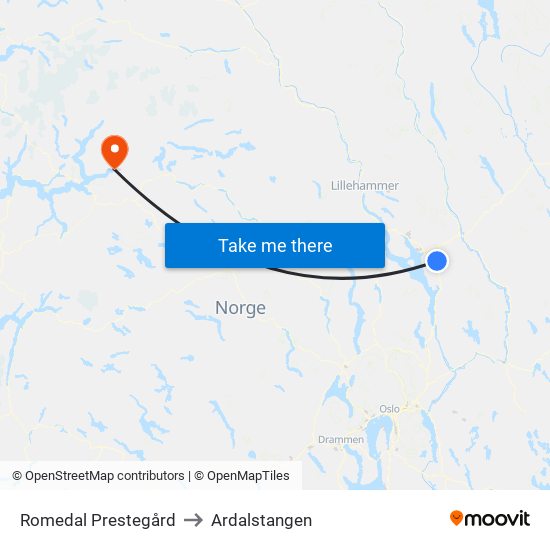 Romedal Prestegård to Ardalstangen map