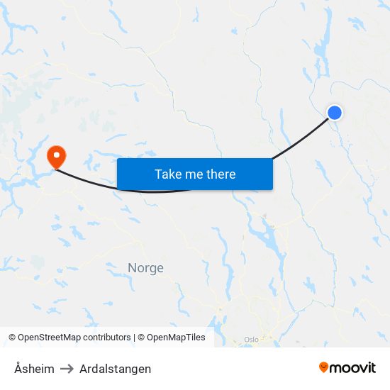 Åsheim to Ardalstangen map