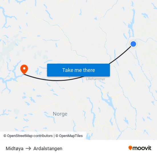 Midtøya to Ardalstangen map