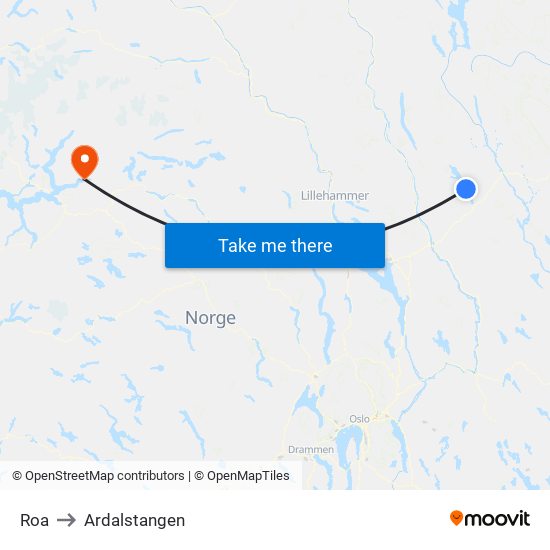 Roa to Ardalstangen map