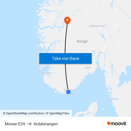 Monan E39 to Ardalstangen map