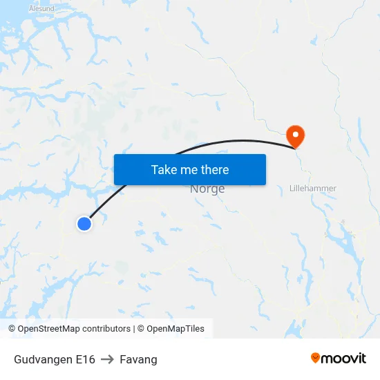 Gudvangen E16 to Favang map