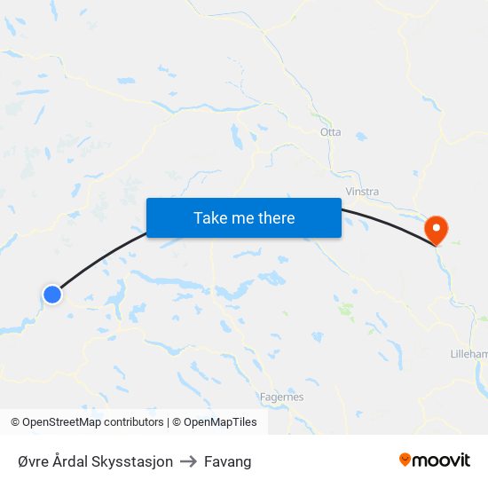 Øvre Årdal Skysstasjon to Favang map