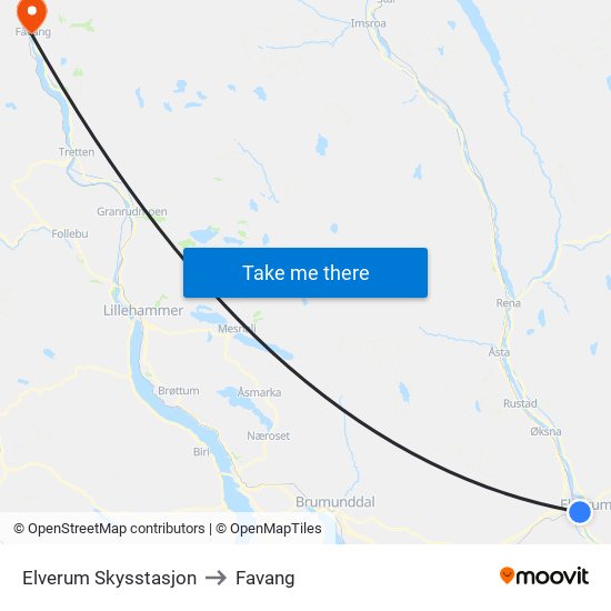 Elverum Skysstasjon to Favang map