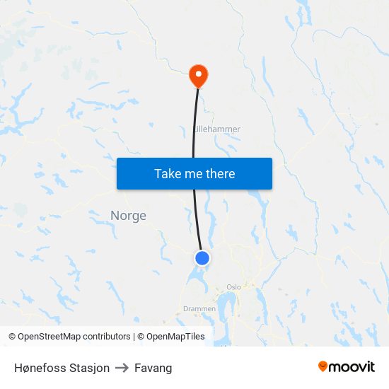 Hønefoss Stasjon to Favang map