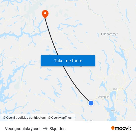 Veungsdalskrysset to Skjolden map