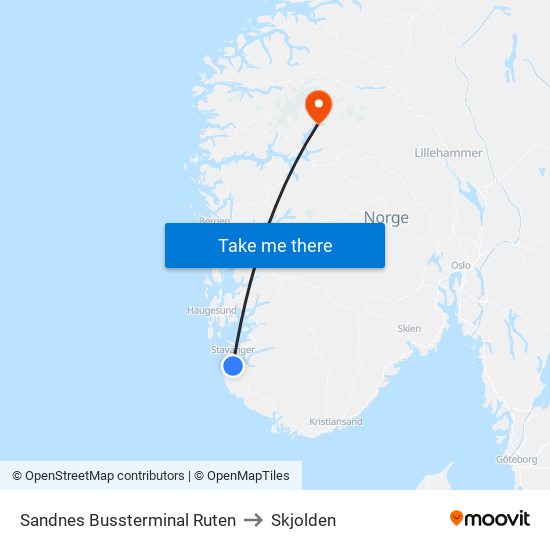 Sandnes Bussterminal Ruten to Skjolden map