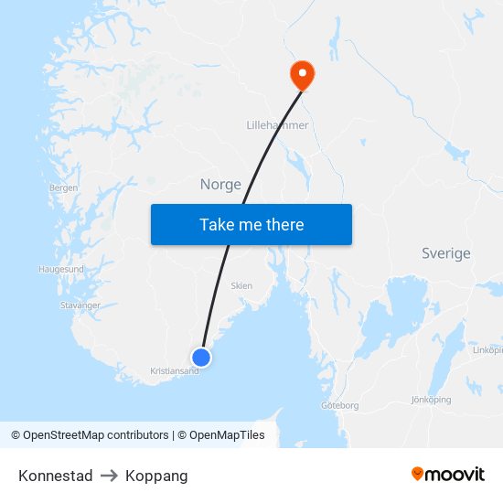 Konnestad to Koppang map