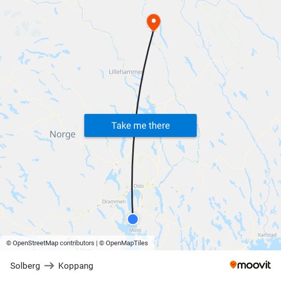 Solberg to Koppang map