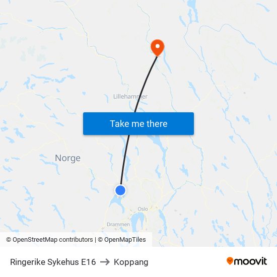 Ringerike Sykehus E16 to Koppang map