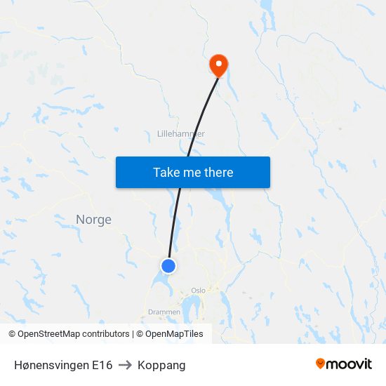 Hønensvingen E16 to Koppang map