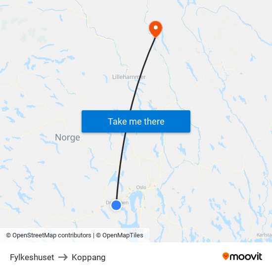 Fylkeshuset to Koppang map